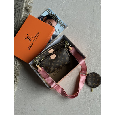 Сумка Луи Витон 3 в 1 Louis Vuitton Multi Pochette, клатч коричневый + розовый через плече Луи Витон  3 в 1
