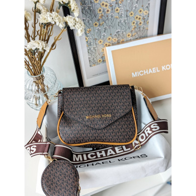 Сумка женская  Michael Kors кросс-боди 2 в 1 Майкл Корс коричневый с беж вставками