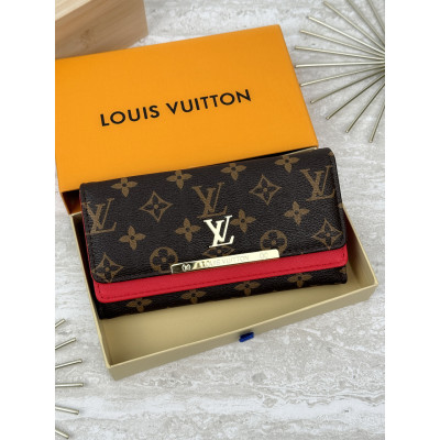Женский кошелек Louis Vuitton коричневый + красный большой двойной Луи Виттон