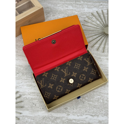 Женский кошелек Louis Vuitton коричневый + красный большой двойной Луи Виттон