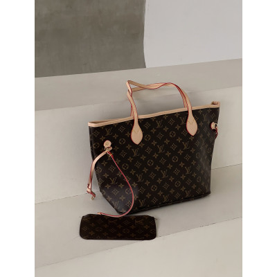 Сумка женская Louis Vuitton Neverfull коричневый с бежевыми ручками шопер  Луи Виттон