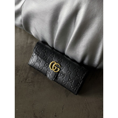 Женский кошелек Gucci черный стеганый двойной Гччи
