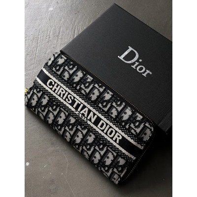 Женский кошелек Christian Dior серый большой с надписью  Диор